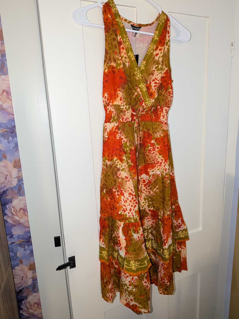 Sleeveless Orange & Olive Floral Wrap Midi Cotton Dress